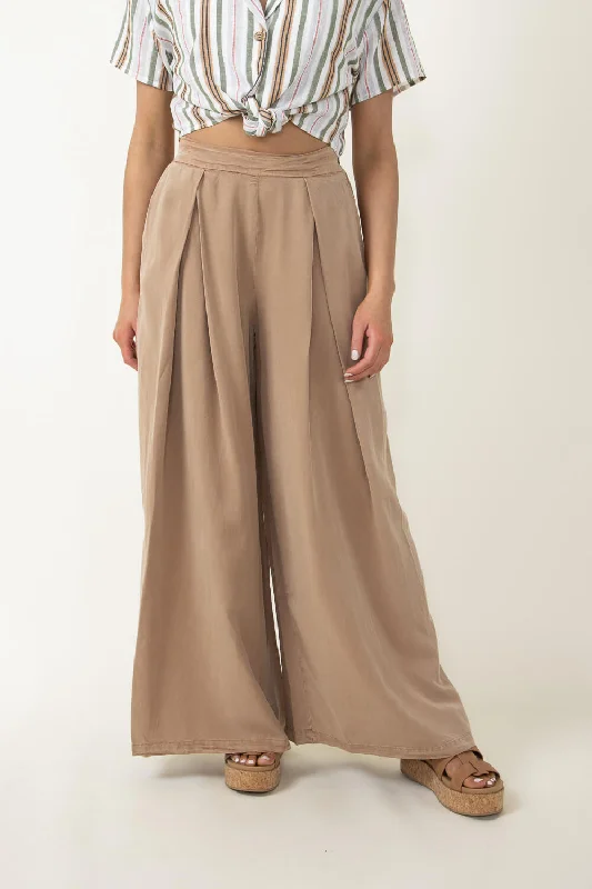 Pintucked Flowy Wide Leg Pants for Women in Taupe | MAP2181-TAN Modern Stretch Trousers