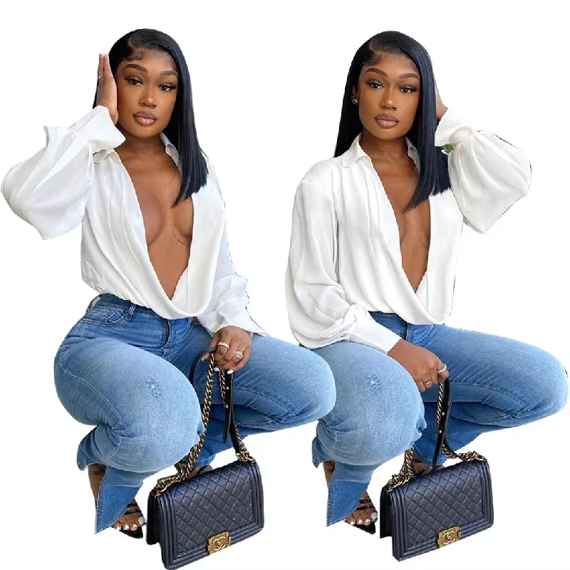 J&H 2023 new arrivals all white elegance women's blouses shirts long sleeve sexy deep v neck autumn women's clothing Delicate Bow Blouse J&H 2023 new arrivals all white elegance women's blouses shirts long sleeve sexy deep v neck autumn women's clothing Delicate Bow Blouse