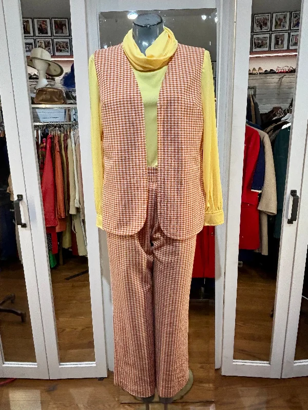 70’s Orange & Yellow 3 piece Pant Plaid Set With Vest Formal Linen Trousers