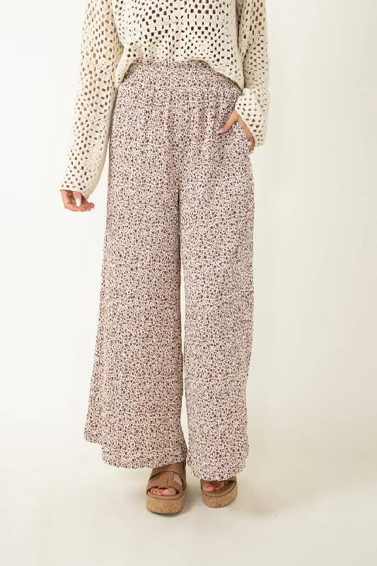 Ditsy Floral Smocked Waist Wide Leg Pants for Women in White Floral | NP70125-WHITEFLORAL Slim-Fit Khaki Pants