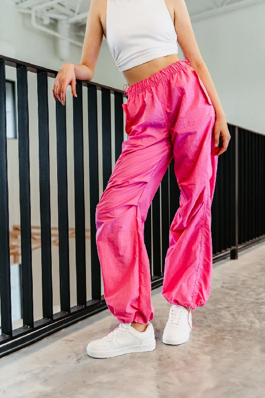 Love Tree Nylon Baggy Parachute Pants for Women in Pink | 6853PH-MAGENTA Relaxed Casual Leggings