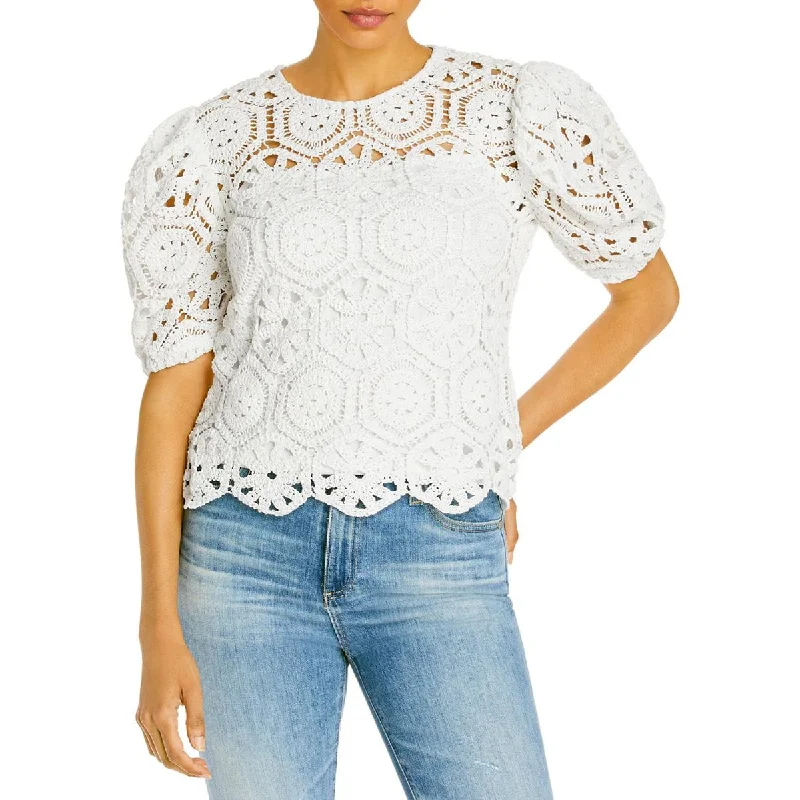 Aqua Womens Crochet Puff Sleeves Blouse Pastel Color Blouse