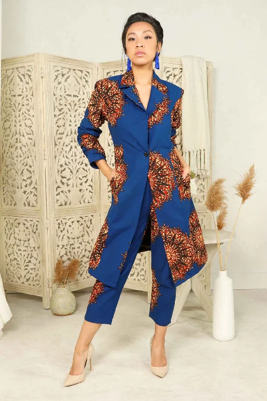 ALERA African Print Women's Pant (Blue with Orange Pattern) Classic Stretch Pants