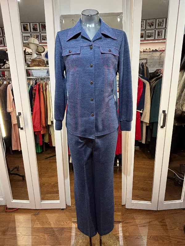 70’s Navy Blue With Red Stitch Leisure 2 Piece Pant Set Casual Drawstring Pants
