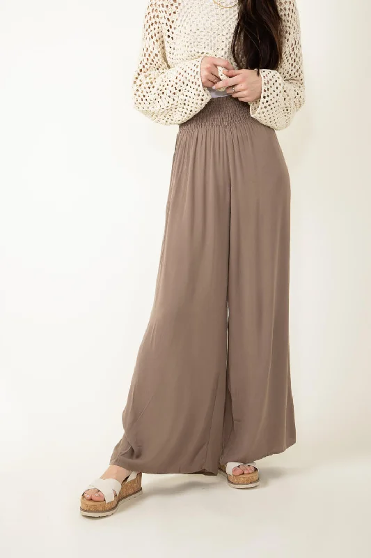 Smocked Waist Beach Pants for Women in Brown | NP17461-DKMOCHA Casual Drawstring Pants