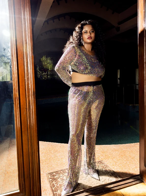 Eliana Black Crystal Mesh Pants Elegant Silk Pants