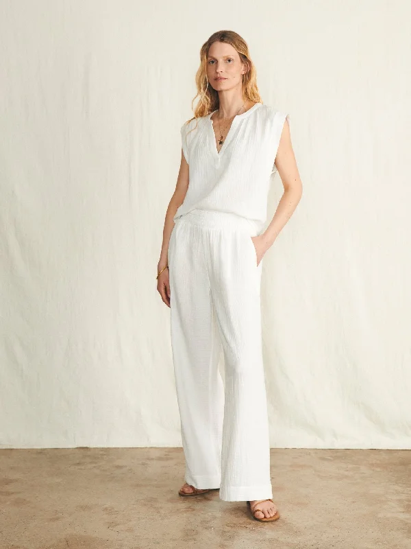 Faherty Dream Cotton Gauze Wide Leg Pant / White Classic Straight-Leg Pants