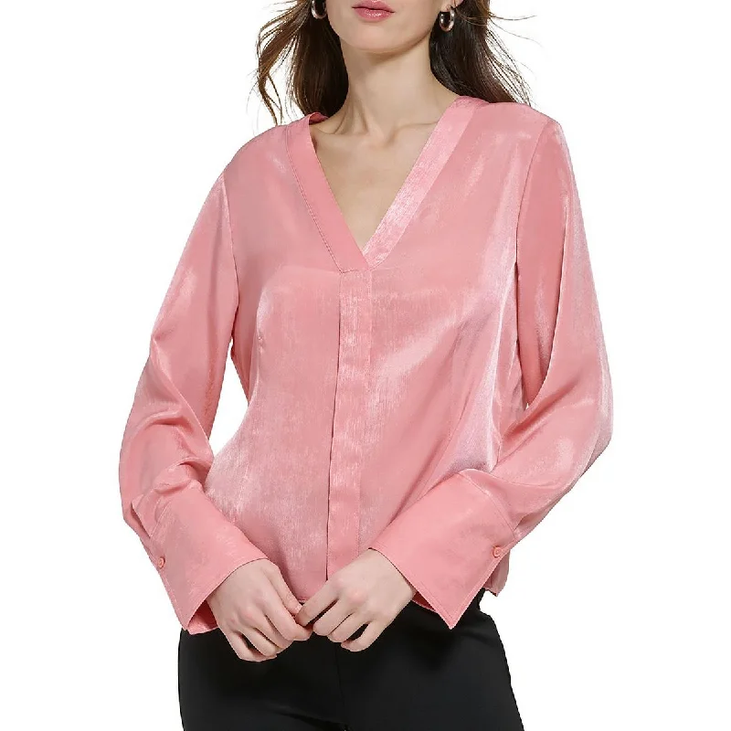 DKNY Womens Satin V-Neck Blouse Lightweight Linen Blouse