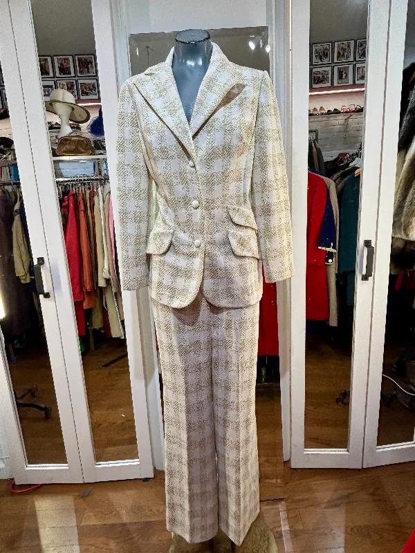 70’s Off White & Beige plaid 2 piece Pantsuit Set By Rhodes of California Size 14 Comfy High-Waist Jeans