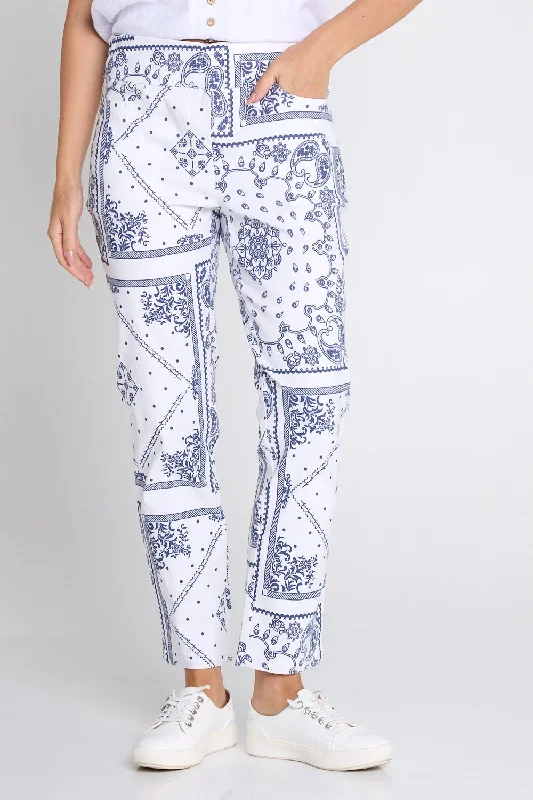 Dana Bengaline Capri Pants - Blue Paisley High-Waist Jogger Pants