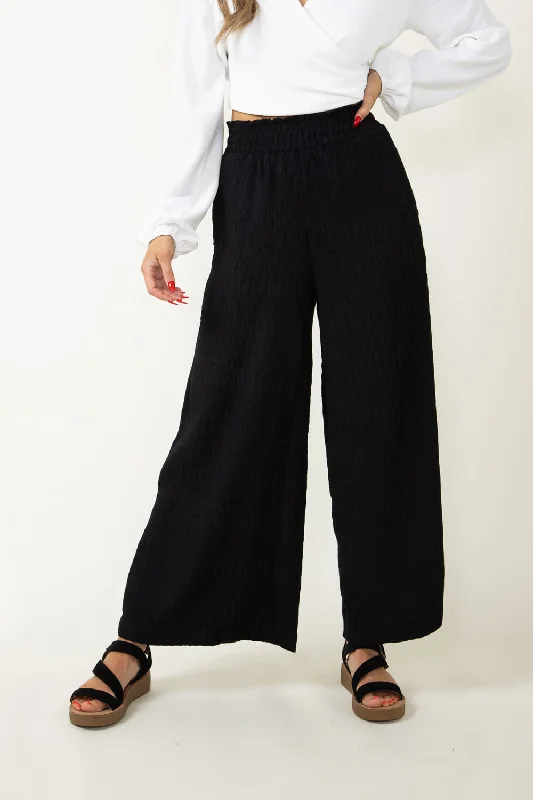 Smocked Waist Beach Pants for Women in Black | NP70125-BLK Relaxed Linen Pants