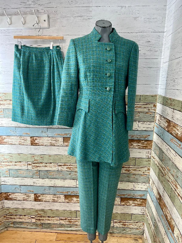 70’s Green Pants and Skirt 3 Piece Wool Set Slim-Fit Leggings