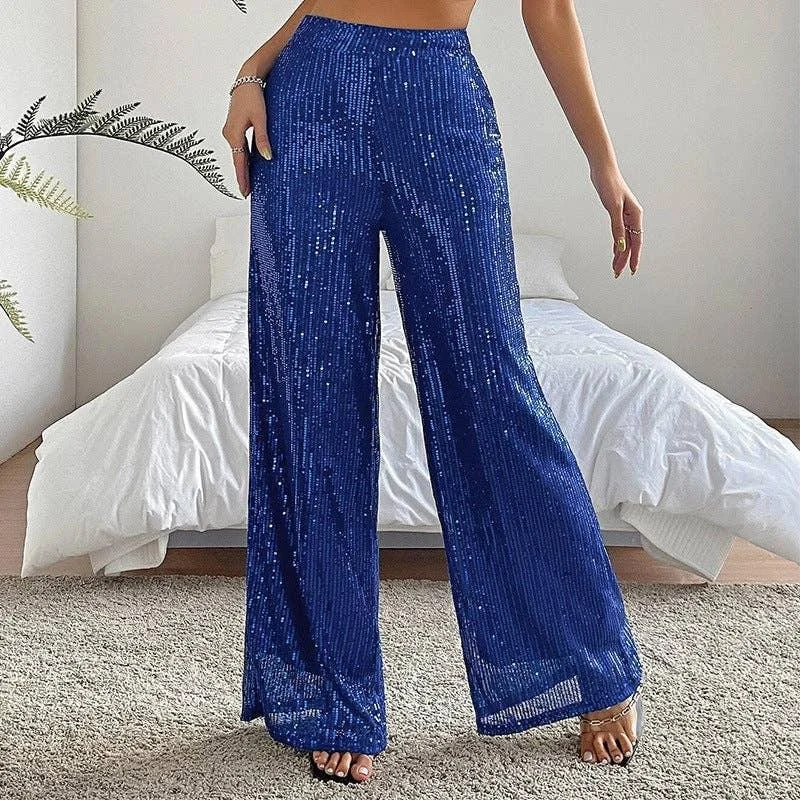 Ladies Solid Glitter Sequin Wide Leg Pants R9175 Classic Straight Pants