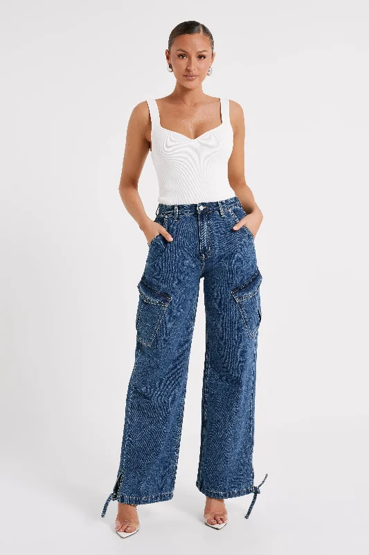Thelma Relaxed Denim Cargo Pants - Dark Blue Comfy Cargo Trousers