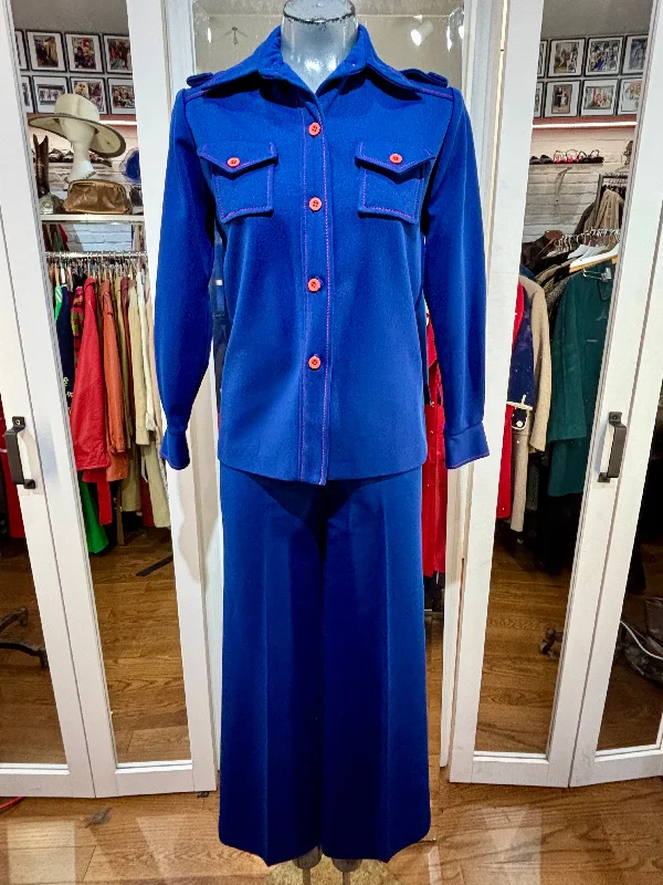 70’s Navy Blue With Red Stitch 2 Piece Leisure Pant Set Stylish Slim Trousers
