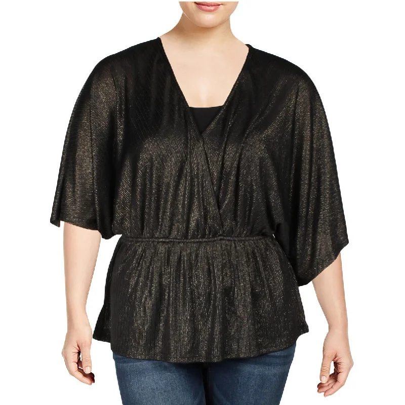 Aqua Curve Womens Plus Surplice Metallic Blouse Sheer Mesh Blouse