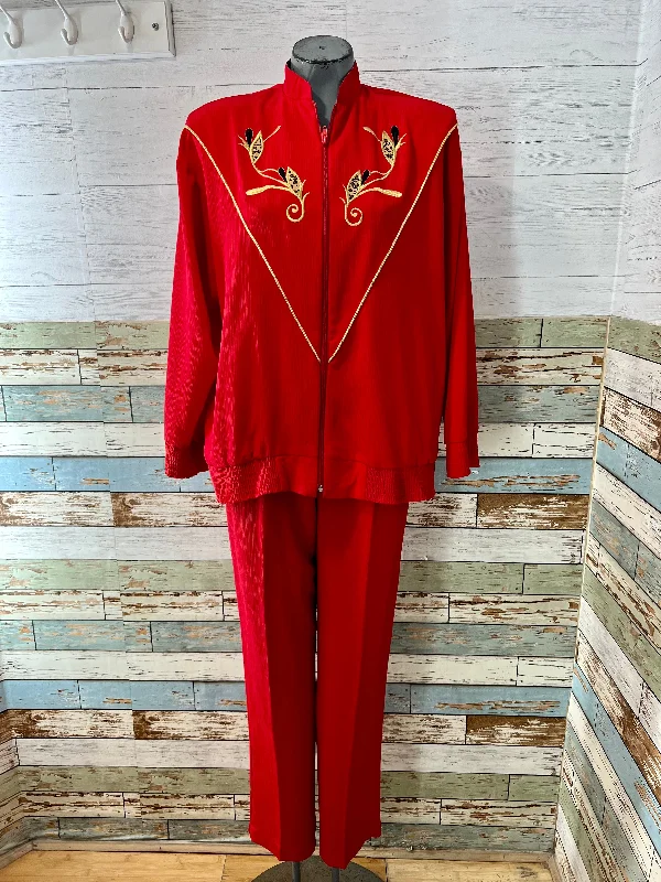 90’s Red With Gold Trim 2 Piece Pant Set By Jordana Comfortable Pleated Pants