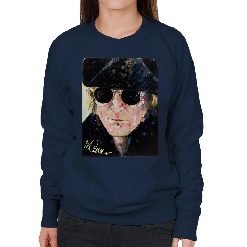 Sidney Maurer Original Portrait Of John Lennon Hat And Sunglasses Women's Sweatshirt Hoodie with Raw Hem Edgy Unfinished