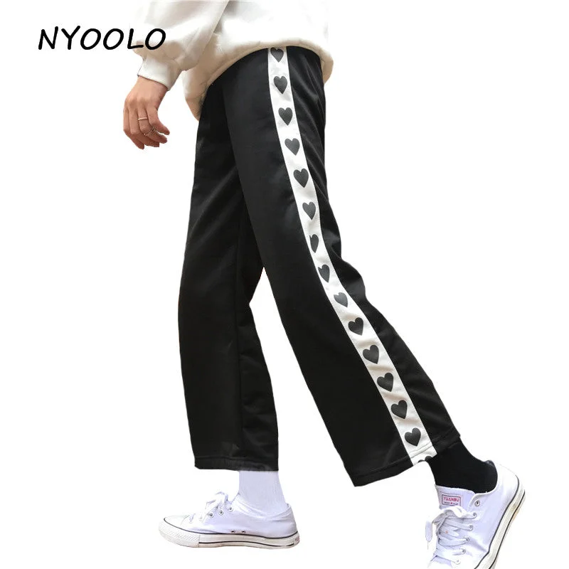 NYOOLO Autumn winter preppy style love printed patchwork elastic waist casual straight pants women/men Cozy Fitted Pants