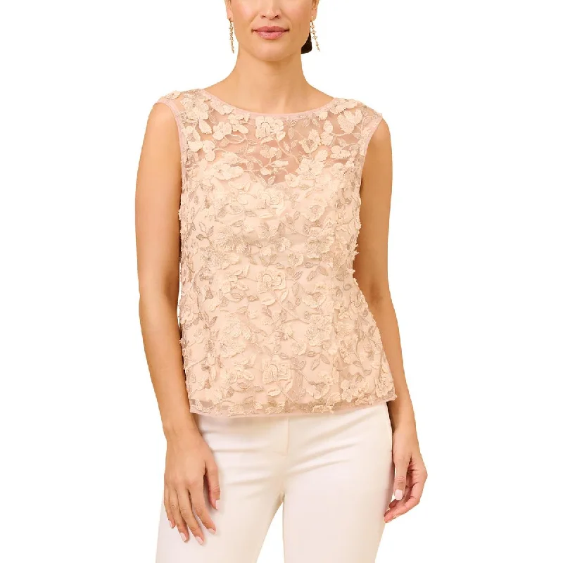 Adrianna Papell Womens Embroidered Mesh Blouse Off-Shoulder Wrap Blouse