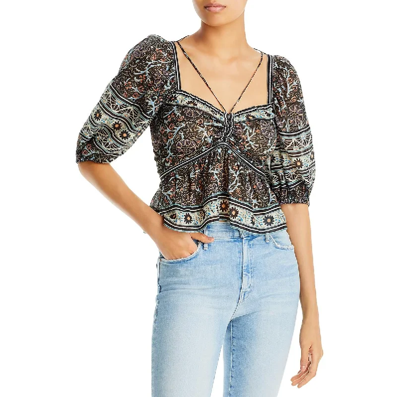 Sea New York Womens Marlee Print Top Ruched Floral Print Blouse Feminine Tie Blouse