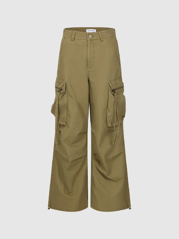 Multi Pocket Wide-Leg Pants Elegant Silk Pants