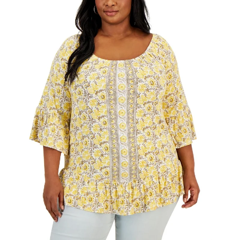 Style & Co. Womens Plus Ruffle Floral Blouse Embroidered Cotton Blouse