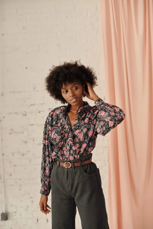 Organic cotton women blouse - Charcoal Wildflowers Wrap Front Blouse
