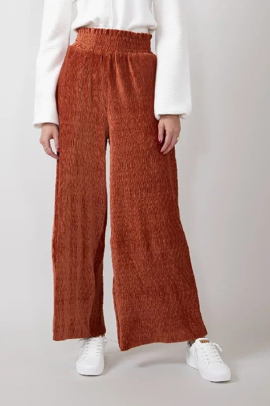 Velvet Smocked Waist Pants for Women in Rust | NP70324-RUST Classic Pleated Pants