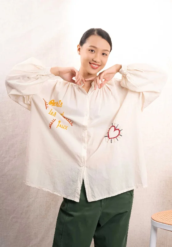 Blouse 18718 Off-White-Heart Casual Relaxed Fit Blouse