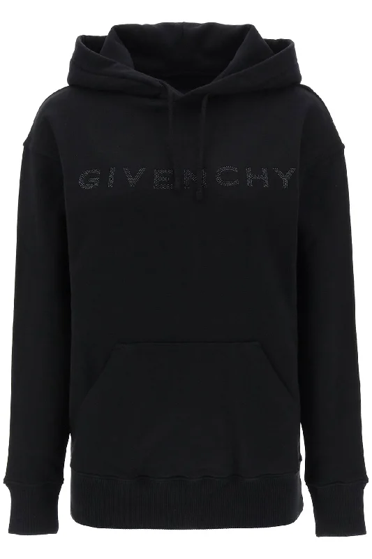 Hoodie With Rhinestone-studded Logo  - Black Hoodie with Turtle Neck Cozy Winter