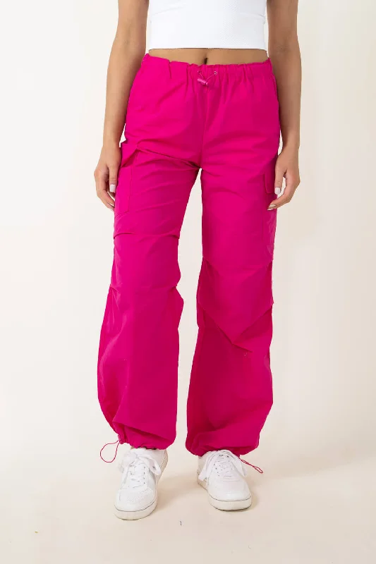 Love Tree Nylon Cargo Baggy Parachute Pants for Women in Pink | 6866PN-MAGENTA Classic Straight Pants