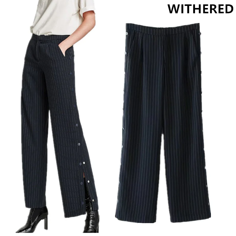 Withered 2017 harem pants women pants vintage preppy side striped botton high waist striped urban pants wide leg pants women High-Waist Yoga Pants