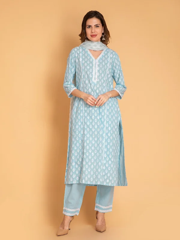 Mul Cotton Khadi Print 3 Pc Kurta Pant Set With Lace Details Trendy Wide-Legged Trousers