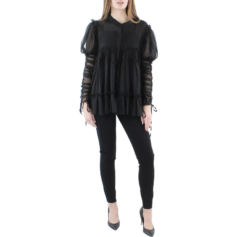 Beulah Womens Juniors Chiffon Button Front Blouse Satin Bow Blouse