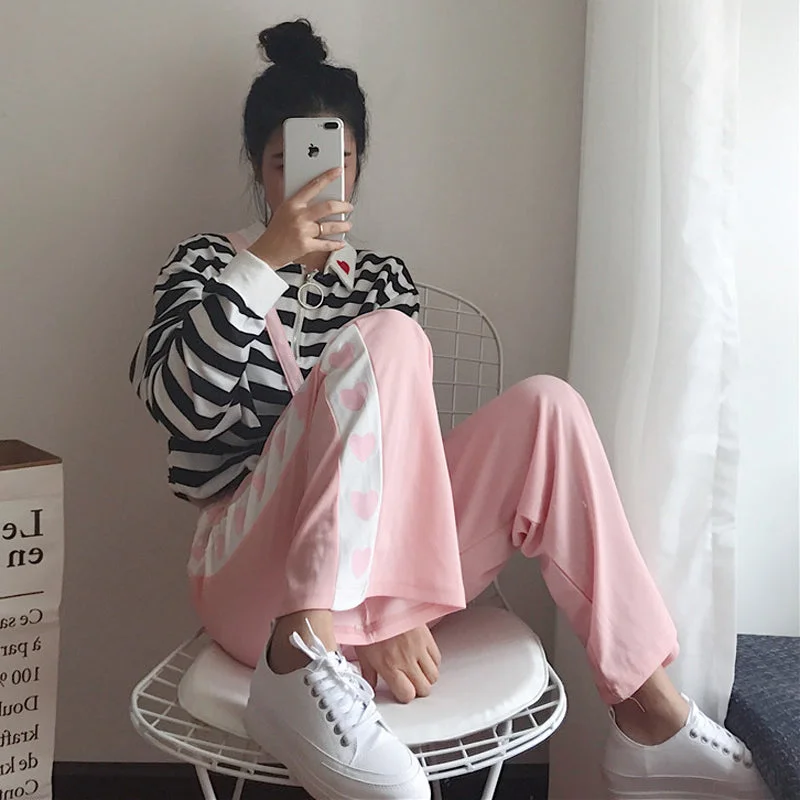 Mihoshop Ulzzang Korean Korea Women Fashion Clothing Autumn New Sweet Cute Print Preppy Casual Wide Leg Student Pants Elegant Silk Pants