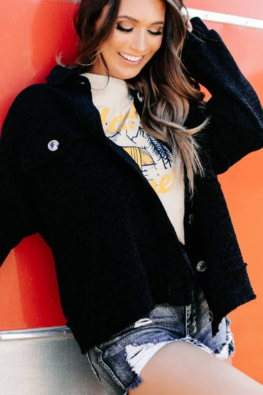 All My Reasons Chenille Shacket (Black) Stylish Wrap Blouse