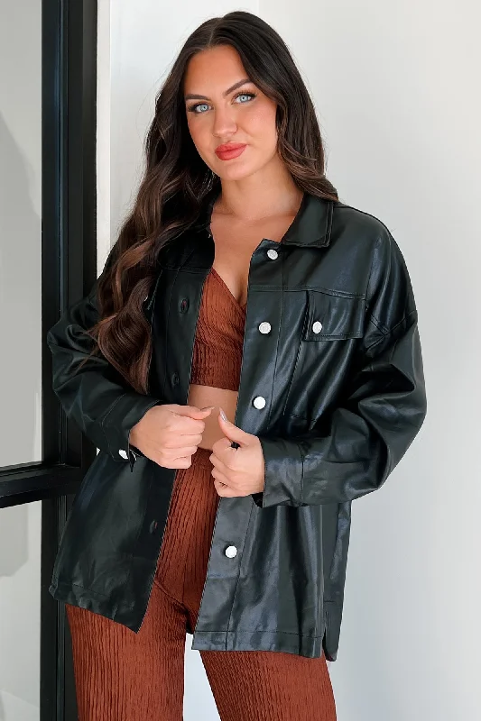 Baddie Alert Faux Leather Shacket (Black) Lightweight Tunic Blouse