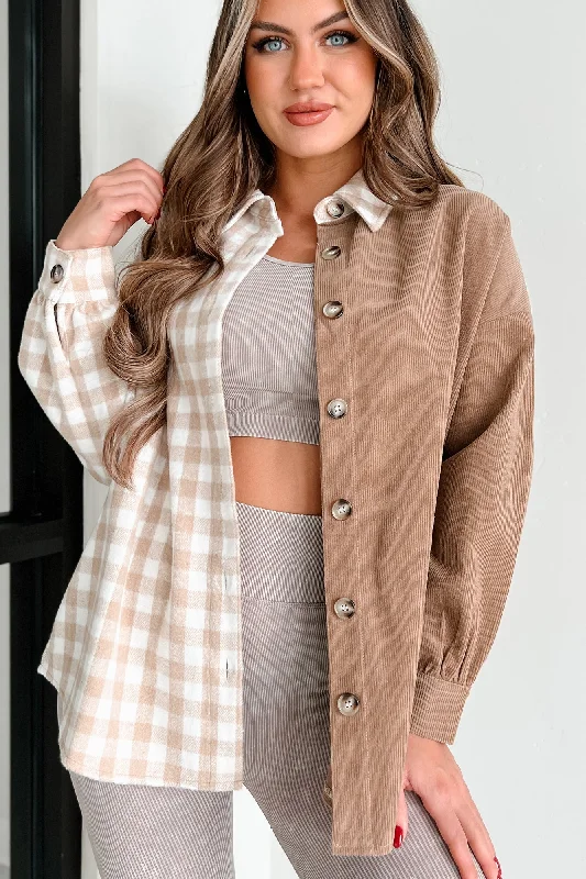 Benton Corduroy Plaid Shacket (Taupe Tan) Boho Printed Blouse