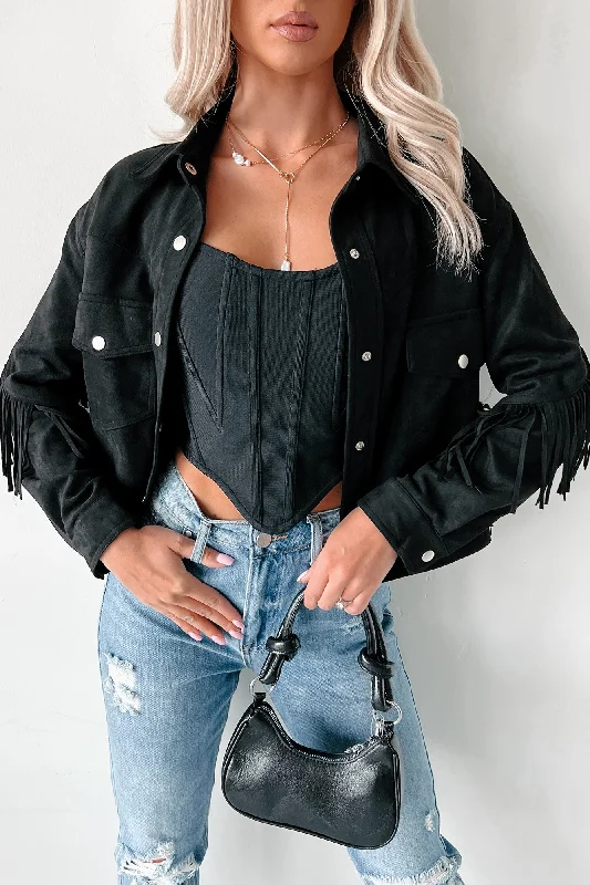Chasing Cowboys Faux Suede Fringe Shacket (Ash Black) Chic Sleeveless Blouse