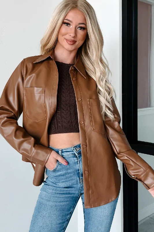 Conducting My Business Faux Leather Shacket (Brown) Sleeveless Chiffon Blouse