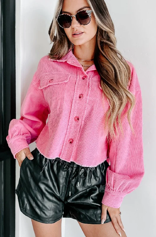 Daily Affirmations Cropped Corduroy Shacket (Pink) Chic Sleeveless Blouse