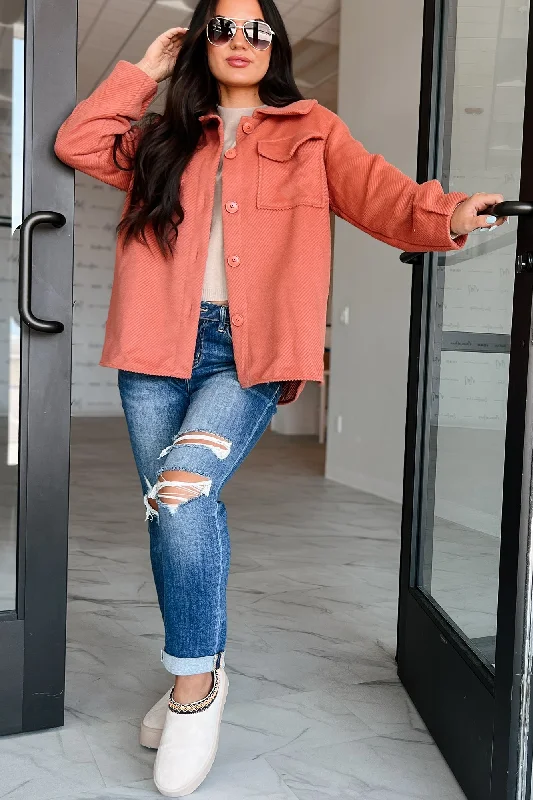 Distance To Denver Ribbed Shacket (Terracotta) Everyday Stylish Blouse