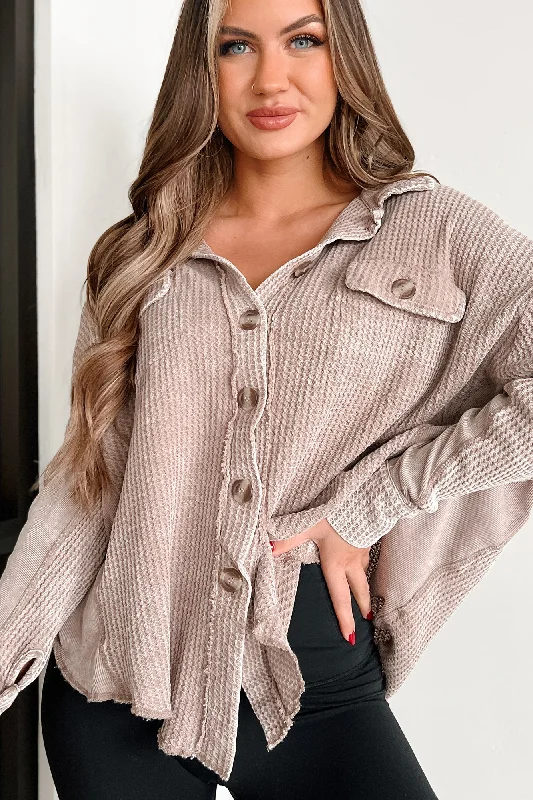 Don't Complicate It Oversized Acid Wash Shacket (Ash Mocha) Embellished Collar Blouse