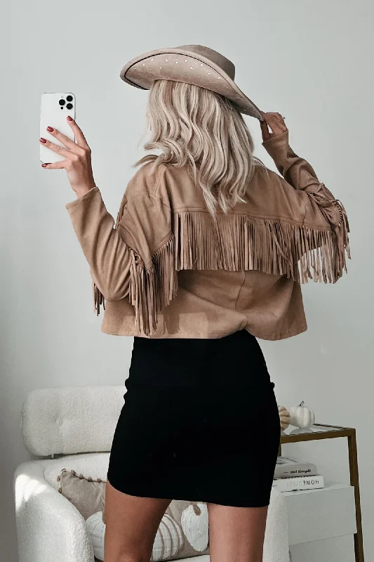 Down In Austin Faux Suede Fringe Shacket (Taupe) Versatile Layering Blouse