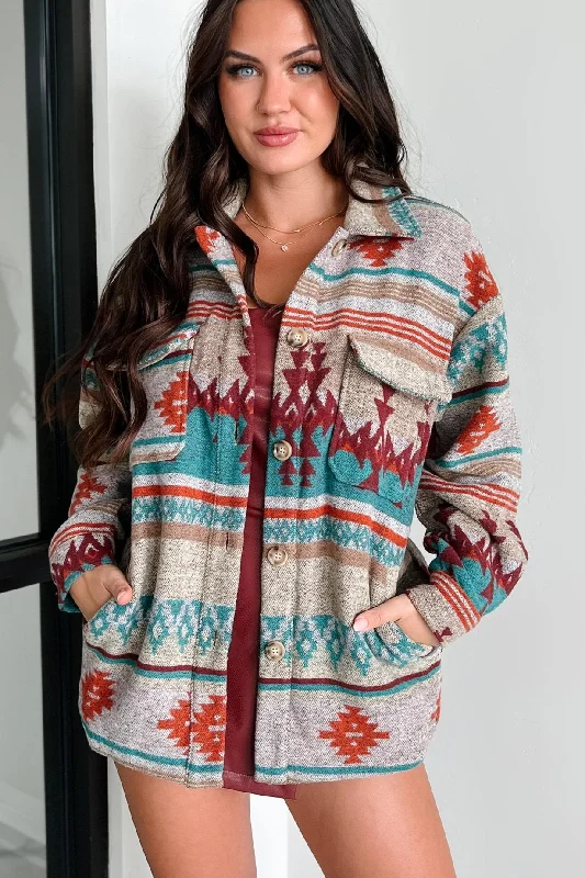 Dreaming Of The Desert Aztec Print Shacket (Teal) Classic Minimalist Blouse