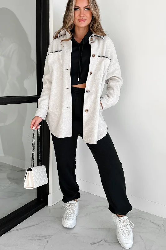 First Rounds On Me Contrast Stitch Shacket (Light Oat) Satin Drape Blouse