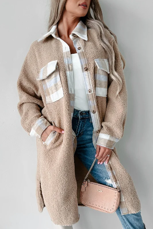 Harvest Cheer Teddy & Plaid Long Shacket (Camel) Elegant Office Blouse