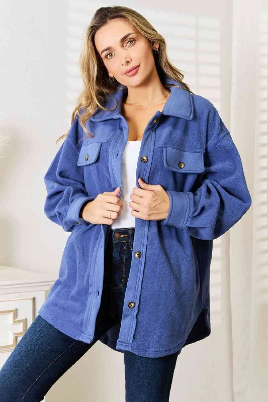 Heimish Cozy Girl Dusty Blue Shacket Silky Draped Blouse