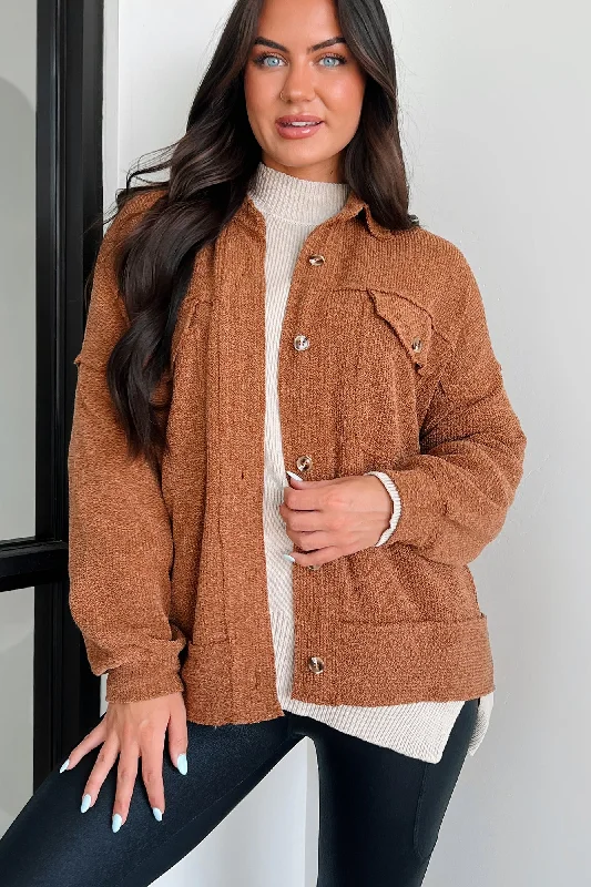 Iona Knit Shacket (Brown) Chic Ruffle Blouse